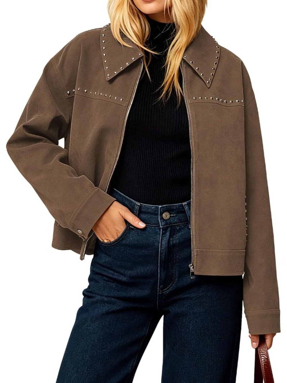 Women's Coffee Faux Suede Studded ZIP Up Lapel Collar Coat Cropped Jacket